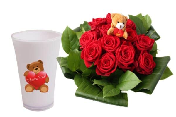 Rode rozen Moederdag in luxe vaas met beer